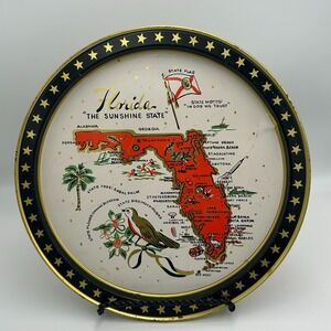 Vintage Florida State 11" Metal Tray Travel Souvenir Tin Plate 1960s Map Flag